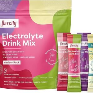 FlavCity Mezcla de bebida de electrolitos, paquete variado, 28 paquetes de electrolitos saludables en polvo hechos con fruta real, bebida en polvo keto sin azúcar añadida, sin gluten