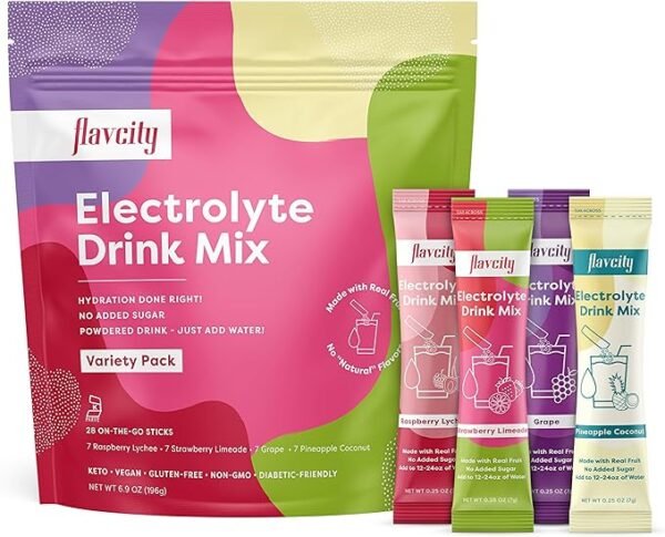 FlavCity Mezcla de bebida de electrolitos, paquete variado, 28 paquetes de electrolitos saludables en polvo hechos con fruta real, bebida en polvo keto sin azúcar añadida, sin gluten