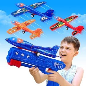 Paquete de 3 juguetes de lanzador de aviones, 2 modos de vuelo LED planeador de catapulta planeador de espuma, juguete volador al aire libre para niños, regalos de cumpleaños para niños y niñas