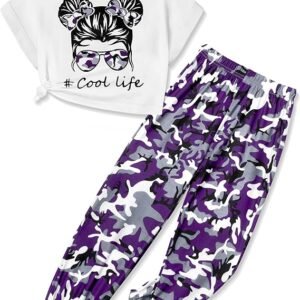Conjunto de 2 piezas para niñas, ropa para niños, lindas camisetas cortas y pantalones de camuflaje para verano