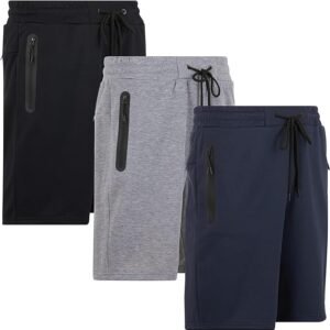 PURE CHAMP Pantalones cortos casuales de algodón de rizo francés para hombre, paquete de 3 unidades, pantalones cortos de gimnasio para entrenamiento atlético, con bolsillo con cremallera