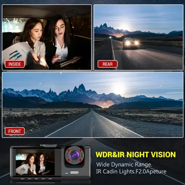 3-Channel Dash Cam with 1080P IR Night Vision, Loop Recording, and 2 IPS Screen - Protect Your Car with Enhanced Security - Image 2