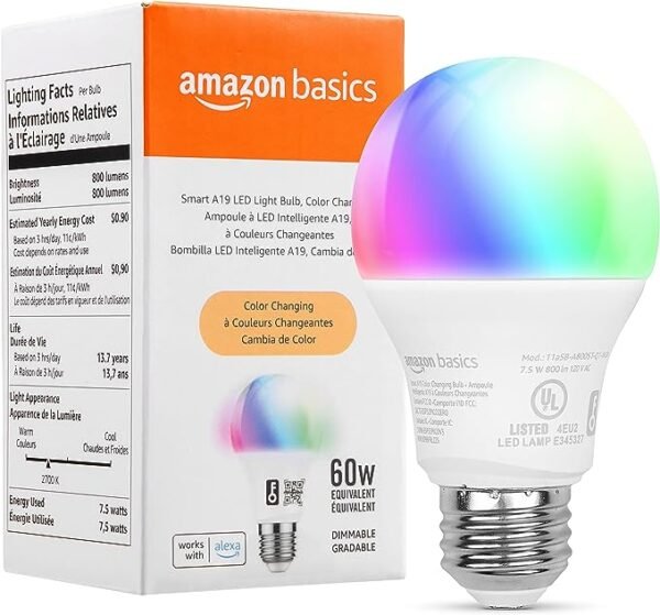 Bombilla LED inteligente A19, Wi-Fi de 2.4 GHz, 7.5 W (equivalente a 60 W) 800 lm, funciona solo con Alexa, paquete de 1, multicolor