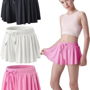 Paquete de 3 pantalones cortos fluidos para niñas con forro de elastano, 2 en 1, faldas de mariposa para jóvenes, para fitness, correr, deportes