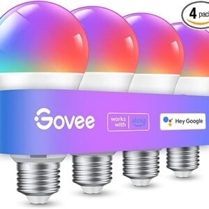 Govee Bombillas inteligentes, WiFi y Bluetooth que cambian de color, sincronización de música, 54 escenas dinámicas, 16 millones de colores RGBWW, funciona con Alexa, Google Assistant Home App, 800