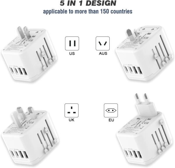 VYLEE Universal International Power Travel Plug Adapter, 5 in 1 European Travel Plug Adapter W/ 3.5A 2xUSB-A and 2xUSB C Wall Charger and Worldwide AC Outlet for Europe USA UK AUS Asia - Image 6