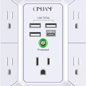 USB Wall Charger, Surge Protector, QINLIANF 5 Outlet Extender with 4 USB Charging Ports (4.8A Total) 3-Sided 1680J Power Strip Multi Plug Outlets Wall Adapter Spaced for Home Travel Office (3U1C)