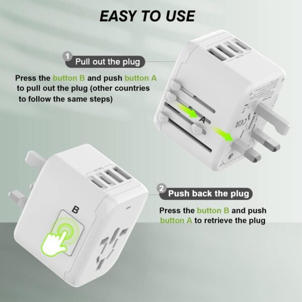 VYLEE Universal International Power Travel Plug Adapter, 5 in 1 European Travel Plug Adapter W/ 3.5A 2xUSB-A and 2xUSB C Wall Charger and Worldwide AC Outlet for Europe USA UK AUS Asia - Image 5