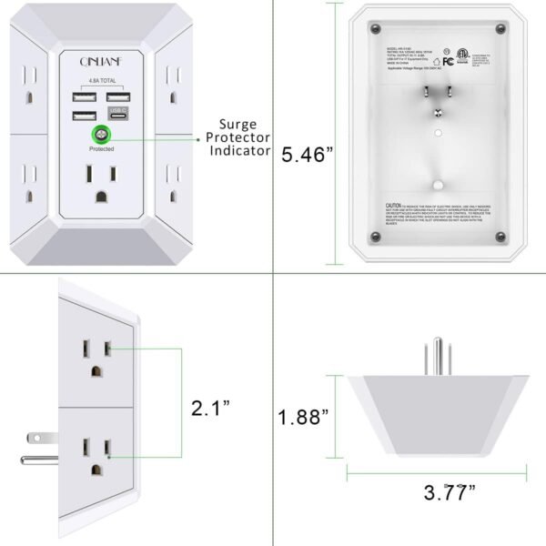 USB Wall Charger, Surge Protector, QINLIANF 5 Outlet Extender with 4 USB Charging Ports (4.8A Total) 3-Sided 1680J Power Strip Multi Plug Outlets Wall Adapter Spaced for Home Travel Office (3U1C) - Image 2