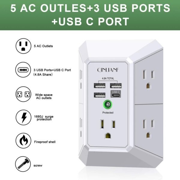 USB Wall Charger, Surge Protector, QINLIANF 5 Outlet Extender with 4 USB Charging Ports (4.8A Total) 3-Sided 1680J Power Strip Multi Plug Outlets Wall Adapter Spaced for Home Travel Office (3U1C) - Image 7
