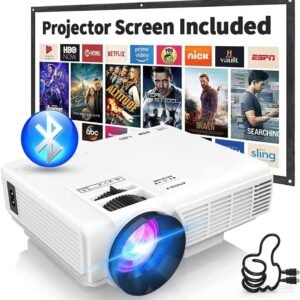 2024 Projector with 100" Projector Screen, Mini Projector Bluetooth, Latest 1080P Full HD Outdoor Movie Projector, Compatible with TV Stick, Video Games, HDMI, USB, Smartphone