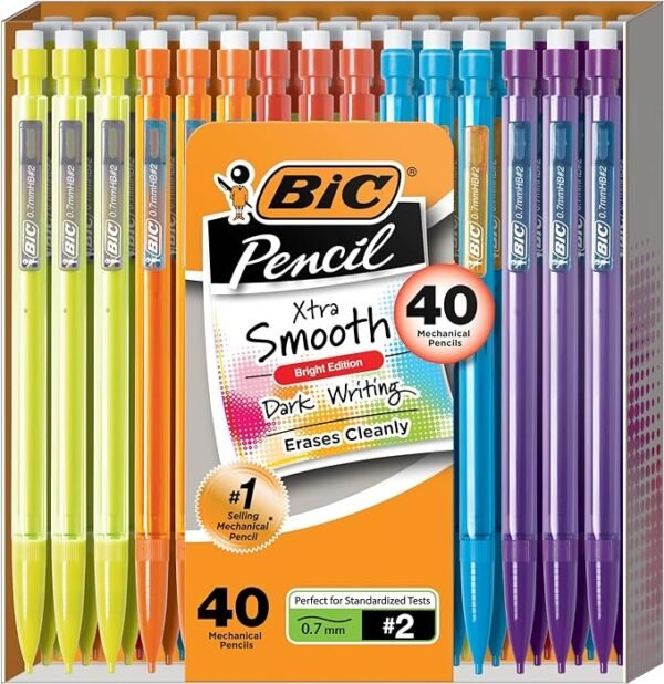 BIC Lápices mecánicos Xtra-Smooth con borradores (MPCE40-BLK), punta media de edición brillante (0.027 pulgadas), paquete de 40 unidades, lápices mecánicos a granel para la escuela, regalos perfectos