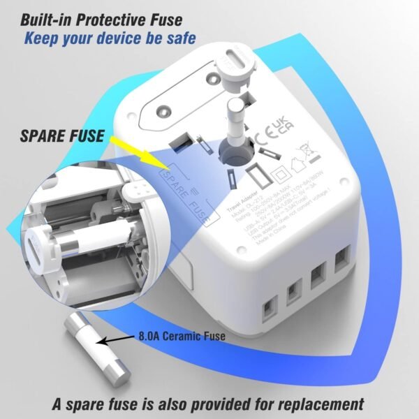 VYLEE Universal International Power Travel Plug Adapter, 5 in 1 European Travel Plug Adapter W/ 3.5A 2xUSB-A and 2xUSB C Wall Charger and Worldwide AC Outlet for Europe USA UK AUS Asia - Image 4