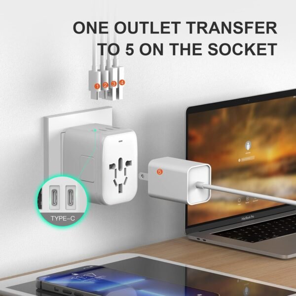 VYLEE Universal International Power Travel Plug Adapter, 5 in 1 European Travel Plug Adapter W/ 3.5A 2xUSB-A and 2xUSB C Wall Charger and Worldwide AC Outlet for Europe USA UK AUS Asia - Image 7