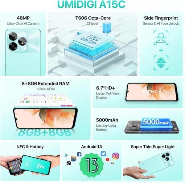 UMIDIGI A15C (16+128GB) Android 13 NFC Unlocked Cell Phone|48MP Camera|5000mAh Battery-Graphite Black - Image 8