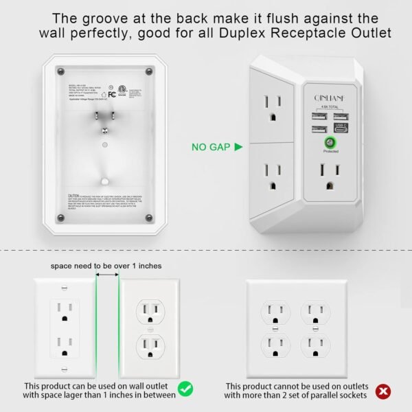 USB Wall Charger, Surge Protector, QINLIANF 5 Outlet Extender with 4 USB Charging Ports (4.8A Total) 3-Sided 1680J Power Strip Multi Plug Outlets Wall Adapter Spaced for Home Travel Office (3U1C) - Image 6