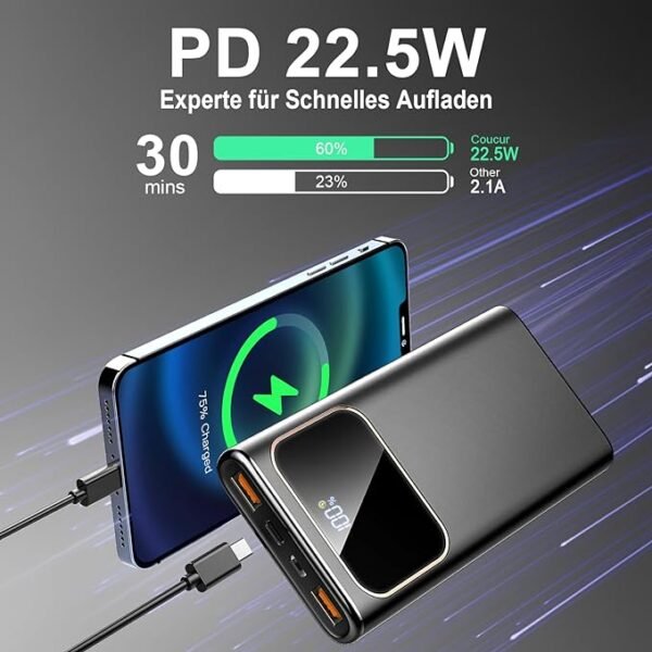 Cargador portátil de carga rápida, batería de 10000 mAh 22.5 W con pantalla LED de entrada y salida USB-C, PD 3.0 QC 4.0 teléfono externo Powerbank para iPhone, Samsung, etc Smartphones y todos los - Image 4