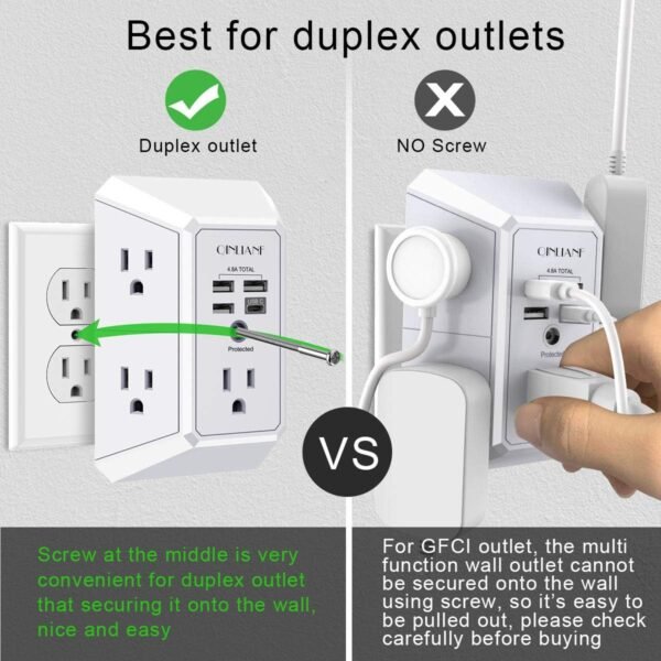 USB Wall Charger, Surge Protector, QINLIANF 5 Outlet Extender with 4 USB Charging Ports (4.8A Total) 3-Sided 1680J Power Strip Multi Plug Outlets Wall Adapter Spaced for Home Travel Office (3U1C) - Image 4