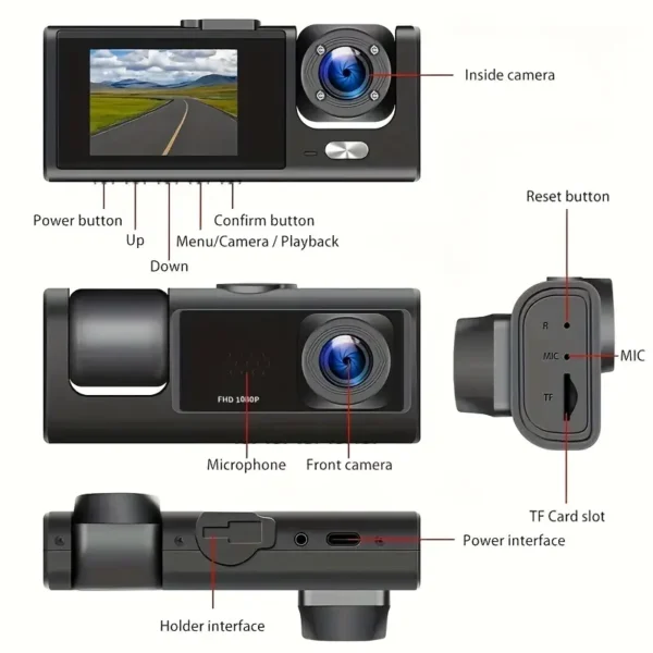 3-Channel Dash Cam with 1080P IR Night Vision, Loop Recording, and 2 IPS Screen - Protect Your Car with Enhanced Security