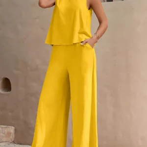 Conjunto de dos piezas elegante y liso, camiseta sin mangas y pantalones holgados
