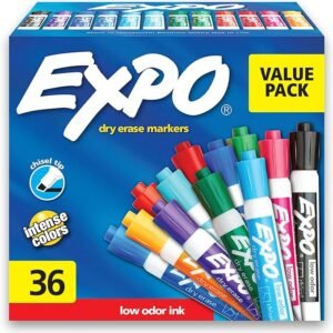 EXPO Marcadores de borrado en seco de bajo olor, punta de cincel, colores de moda surtidos, 36 unidades para aula, oficina y uso doméstico