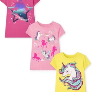 The Children's Place Camisetas gráficas de manga corta de unicornio para niña, multipaquetes