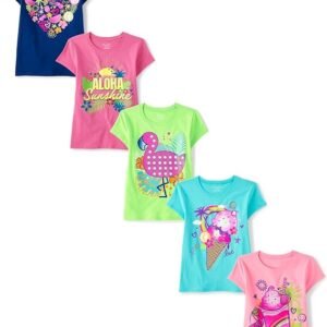 The Children's Place Camiseta gráfica de manga corta con diseño de calabazas y hojas para niñas, paquete de 2