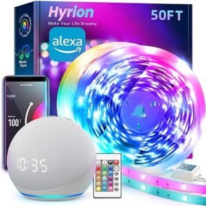 hyrion Tiras de luz LED inteligentes, luz LED WiFi de 50 pies, cambio de color activado por sonido con Alexa y Google, sincronización de música con tiras de luces LED para dormitorio para sala
