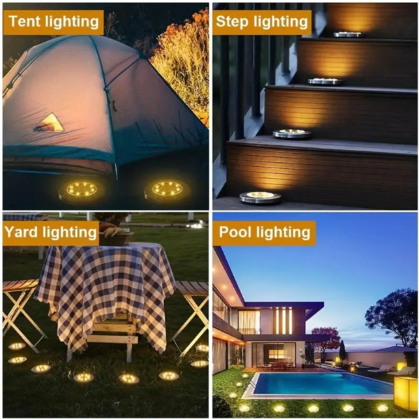 4/8pcs Solar Powered LED Ground Spot Lights - Recessed Polished Stainless Steel Lamp with 8 LEDs, Detachable, Semi-Flush Mount, Nickel Battery, and Installation Hardware - Energy-Efficient Pathway Lighting for Yard, Walkway, Patio, and Lawn - Image 3