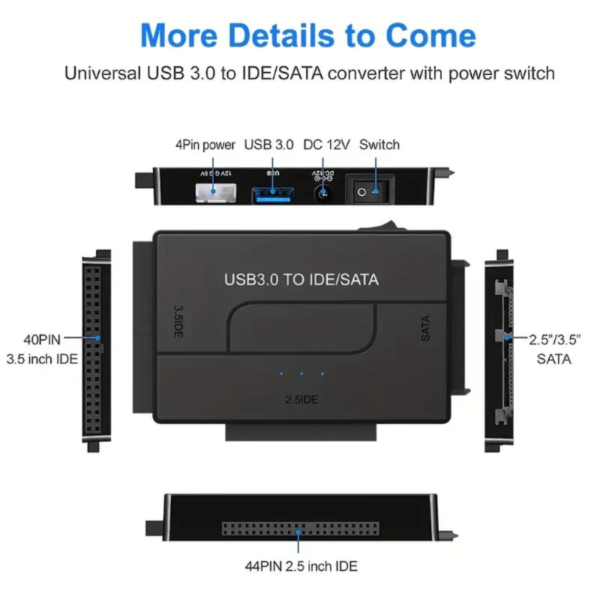 USB 3.0 To SATA IDE Hard Drive Reader, Ultra Recovery Converter Universal Hard Drive Adapter Kit For 2.5/3.5 Inch SATA And IDE HDD SSD, Include 12V/2A Power Adapter