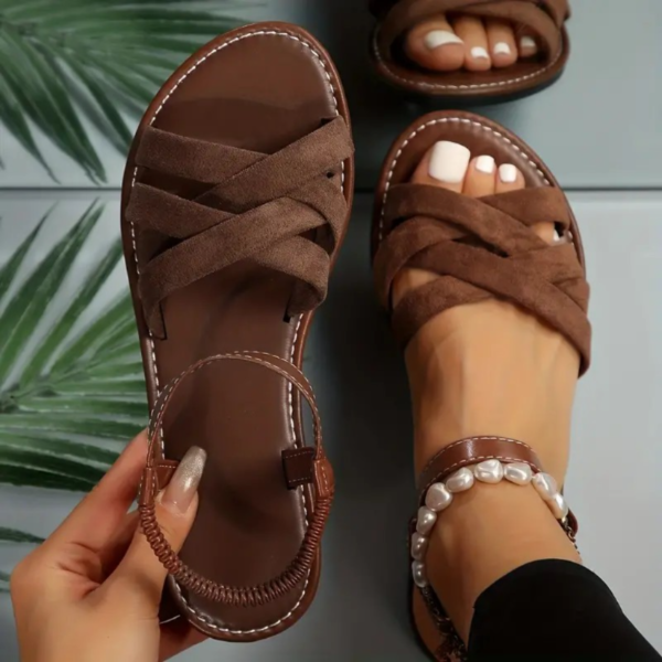 Womens Solid Color Flat Sandals - Comfortable Cross-Strap Beach Shoes - Lightweight, Durable Elastic Band for All-Day Summer Style - Image 5