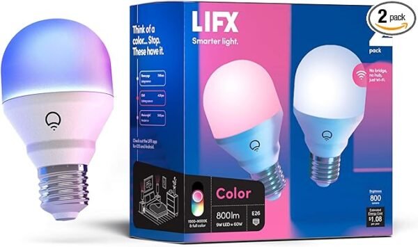 LIFX Color A19 800 lúmenes, miles de millones de colores y blancos, bombilla LED inteligente Wi-Fi, no requiere puente, funciona con Alexa, Hey Google, HomeKit y Siri (paquete de 2