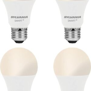 SYLVANIA Smart - Bombilla LED inteligente con Wifi, equivalente a 60W regulable blanco suave A19, compatible solo con Alexa y Google Home, paquete de 4 unidades (75672)