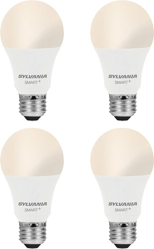 SYLVANIA Smart - Bombilla LED inteligente con Wifi, equivalente a 60W regulable blanco suave A19, compatible solo con Alexa y Google Home, paquete de 4 unidades (75672)