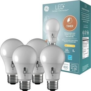 GE LED+ Timer A19 - Bombillas LED, temporizador automático integrado para interiores, 8 W, blanco suave (paquete de 4)