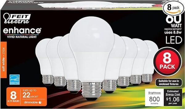 Feit Electric Bombillas LED A19, equivalente a 60 W, regulables, base estándar E26, 90 CRI, 800 lúmenes, blanco suave 2700 K, 120 V, vida útil de 22 años, clasificación húmeda, paquete de 8,