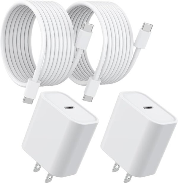 Cargador USB C para iPhone 15, paquete de 2 enchufes de carga rápida USB C de 20 W PD con cable USB C a C de 6 pies para iPhone 15/15 Plus/15 Pro/15 Pro Max, iPad Pro/Air/Mini tipo C Series y más