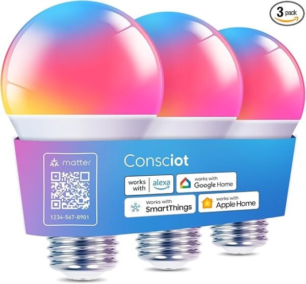 Consciot Bombillas inteligentes, bombilla LED WiFi Bluetooth que cambia de color, sincronización de música, bombilla inteligente equivalente a 60 W, bombillas A19 E26 RGBTW