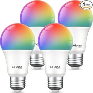 Ghome Smart Bombillas LED A19 E26 que cambian de color, funciona con Alexa, Google Home, aplicación y control de voz, WiFi de 2.4 GHz, 800 lúmenes, regulable RGB blanco cálido 2700 K, iluminación