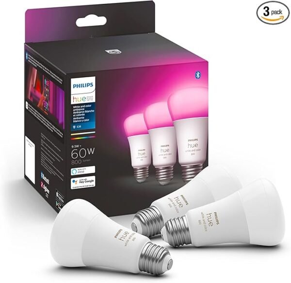 Philips Hue - Bombilla LED inteligente A19 de 60 W, luz ambiente blanca y de color, paquete de 3, 800 lúmenes, E26, interior, control con aplicación Hue, Alexa, Google Assistant y Apple Homekit