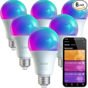 TJOY Paquete de 6 bombillas inteligentes Alexa con WiFi, funciona con Alexa y Google Home, regulables RGB que cambian de color, 2700-6500K, control inteligente de aplicación (solo 2.4 GHz), A19 E26 9W