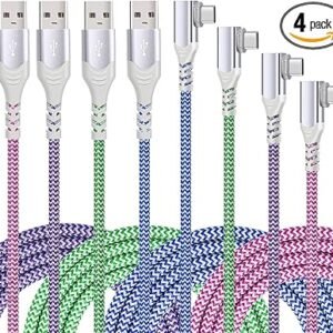able tipo C en ángulo recto (paquete de 4), cable USB C de 90 grados y 10 pies de nailon trenzado tipo C cargador compatible con Samsung Galaxy S8 S9 S10 Plus S20, Note 10+, iPhone 15 Pro