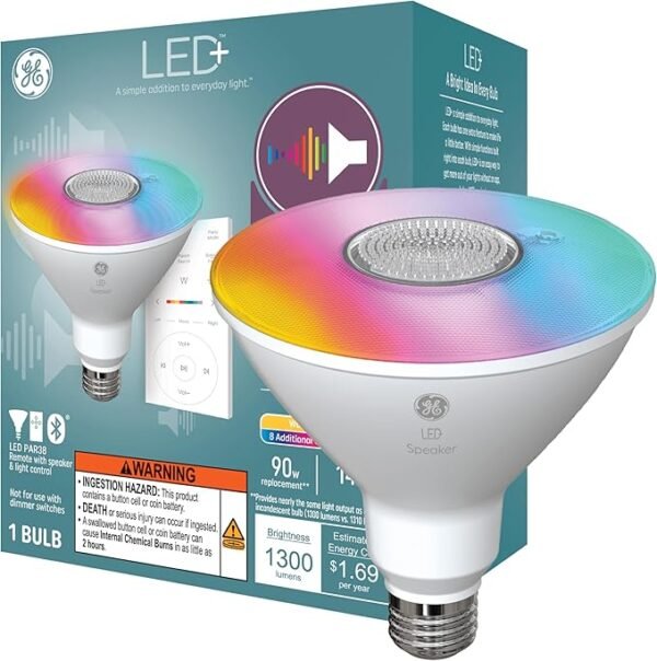 GE LED+ PAR38 - Bombilla LED, reflector inalámbrico Bluetooth con control remoto, 14 W, multicolor + blanco cálido (paquete de 1)