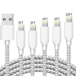 iPhone Fast Charger Cable Apple MFi Certified 5Pack White[3/3/6/6/10FT] Long Lightning Charging Nylon Braided High Speed Sync USB Cable Compatible iPhone 14/13/12/11 Pro Max/XS MAX/XR/XS/8/7/Plus