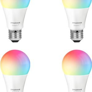 SYLVANIA Smart - Bombilla LED inteligente con WiFi, equivalente a 60W, a todo color y blanco sintonizable A19, atenuable, compatible solo con Alexa y Google Home, paquete de 4 unidades (75674)