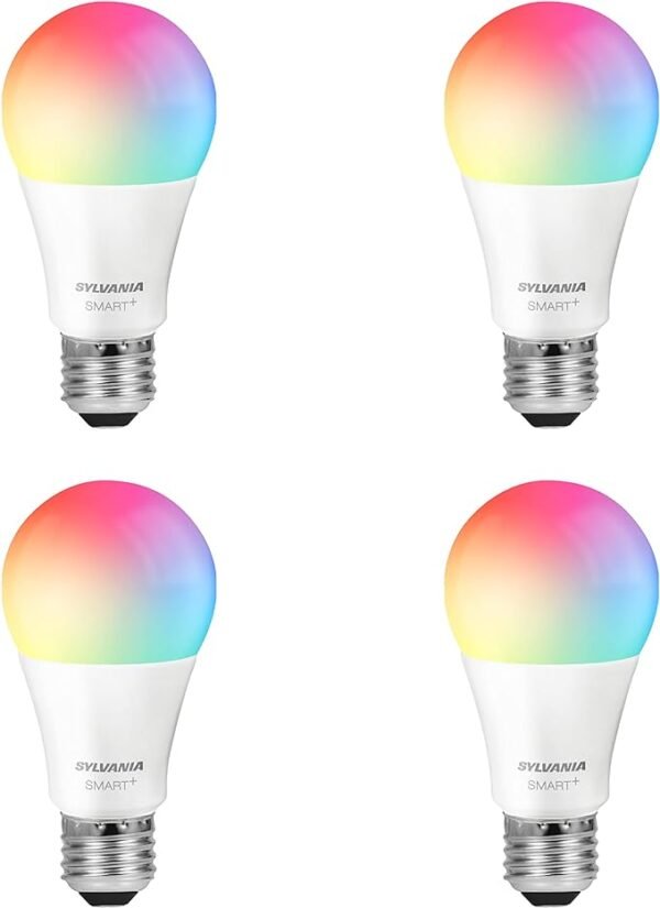 SYLVANIA Smart - Bombilla LED inteligente con WiFi, equivalente a 60W, a todo color y blanco sintonizable A19, atenuable, compatible solo con Alexa y Google Home, paquete de 4 unidades (75674)