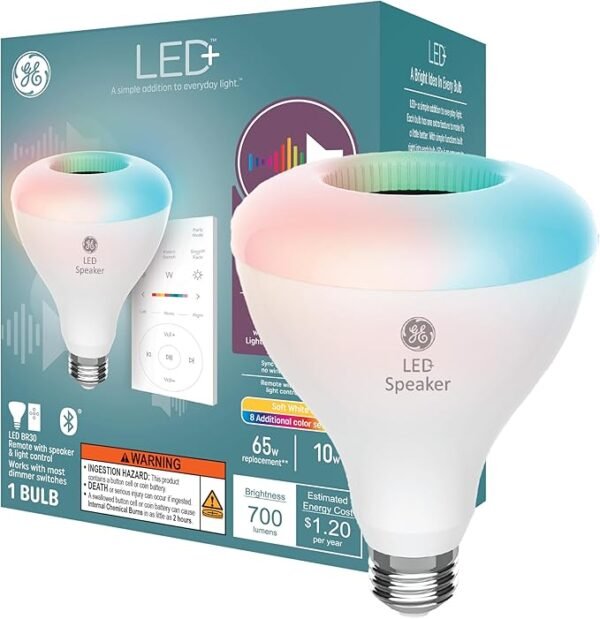 GE LED+ BR30 - Bombilla LED para interiores, con Bluetooth inalámbrico que cambia de color, con control remoto, 10 W, multicolor + blanco suave (paquete de 1)