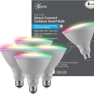 GE CYNC - Bombillas LED inteligentes, luces que cambian de color, luces Bluetooth y Wi-Fi, compatibles con Alexa y Google Home, bombillas PAR38 para exteriores (paquete de 4)