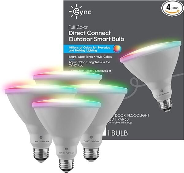GE CYNC - Bombillas LED inteligentes, luces que cambian de color, luces Bluetooth y Wi-Fi, compatibles con Alexa y Google Home, bombillas PAR38 para exteriores (paquete de 4)