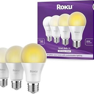 Roku Bombillas inteligentes (blanco, paquete de 4) – Bombillas A19 regulables con brillo y temperatura ajustables – Bombillas inteligentes WiFi que funcionan con voz, Alexa y Google Assistant